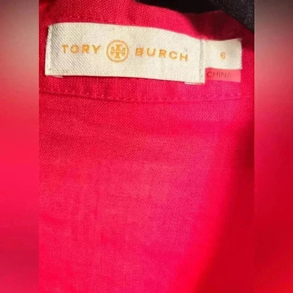 Timeless Elegance Tory Burch Red Linen Button Down Long Sleeve Shirt (Size 6) - Picture 5 of 5